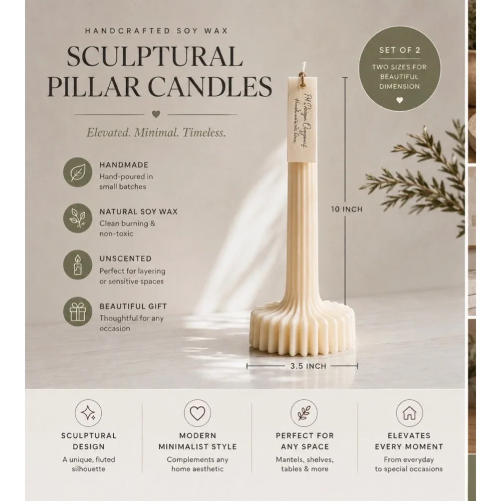 PH Design Organics Sculptural Pillar Candles Set of 2 Ivory Fluted Soy Wax NEW